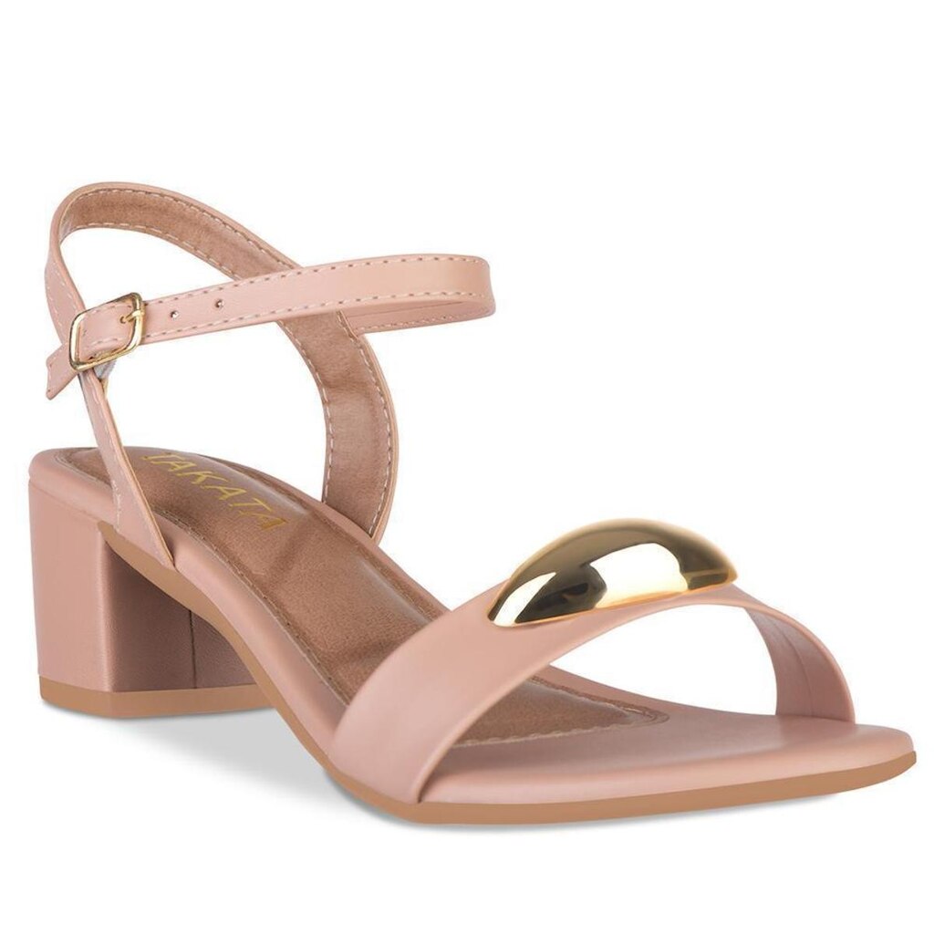 Sandalia Feminina Salto Bloco Baixo Enfeite Metal Dourado