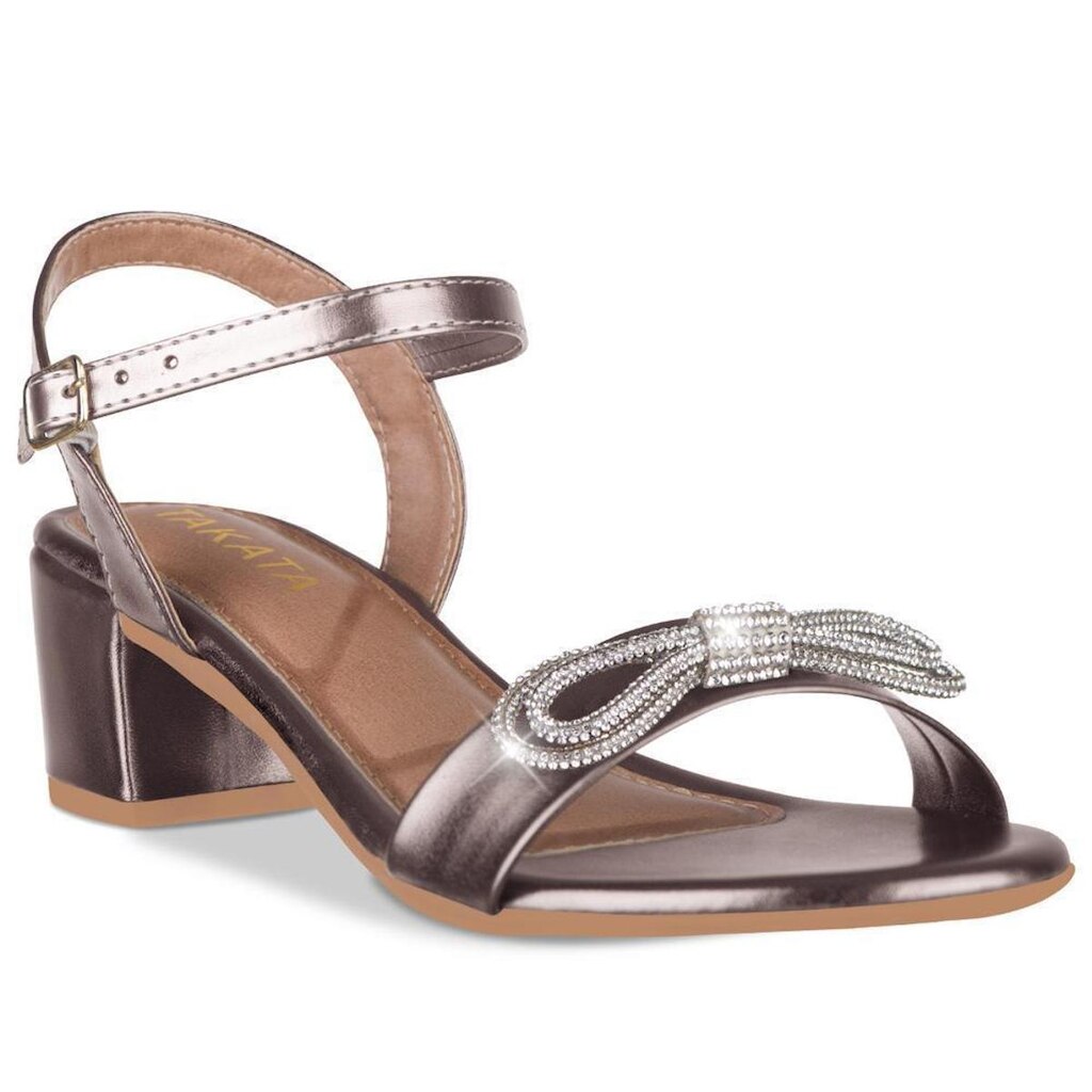 Sandalia Feminina Salto Bloco Baixo Grosso Metalizada Casual Confortável Moda Laço Brilho Strass