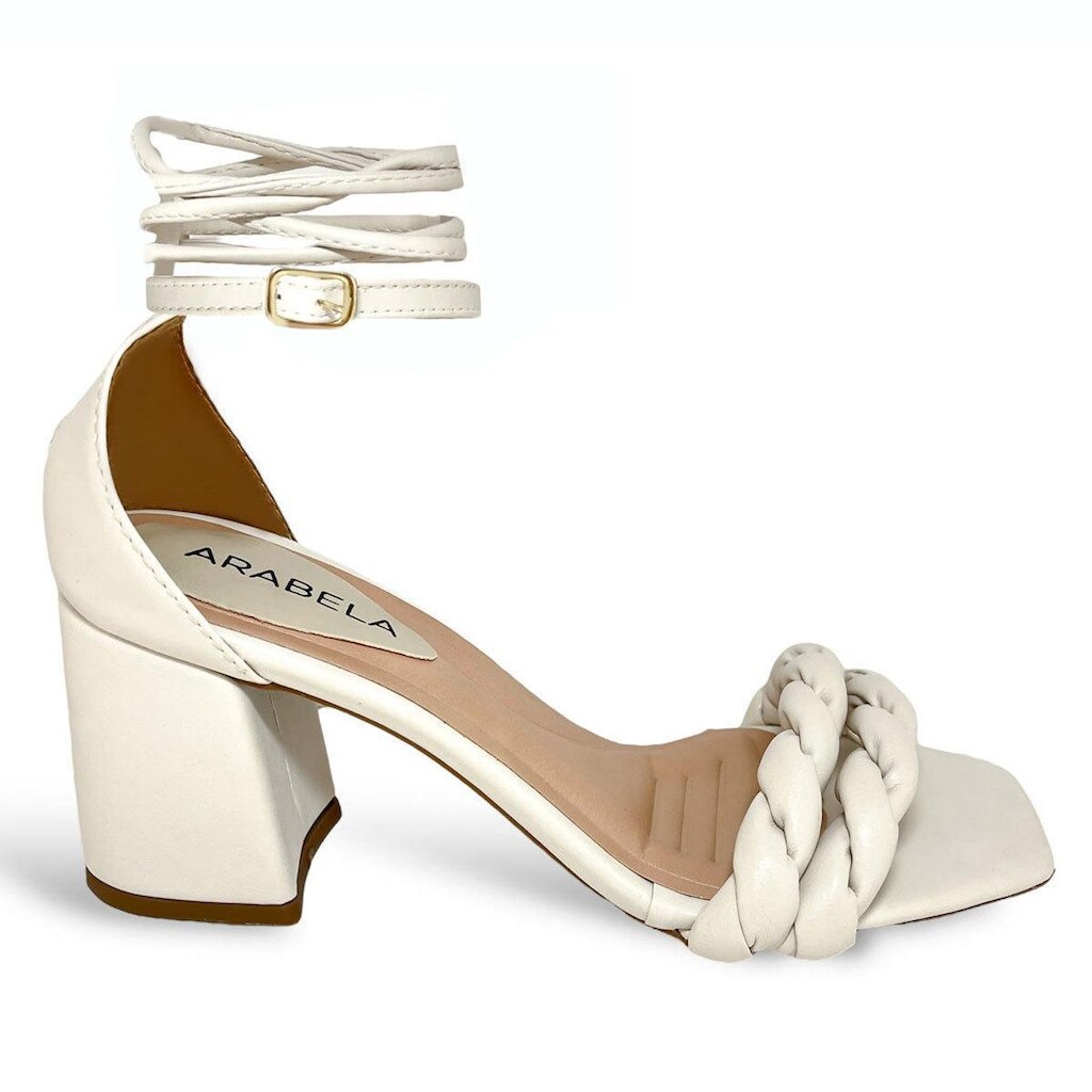 Sandália Feminina Salto Bloco Grosso Off White Trança Amarração Comfort -  36