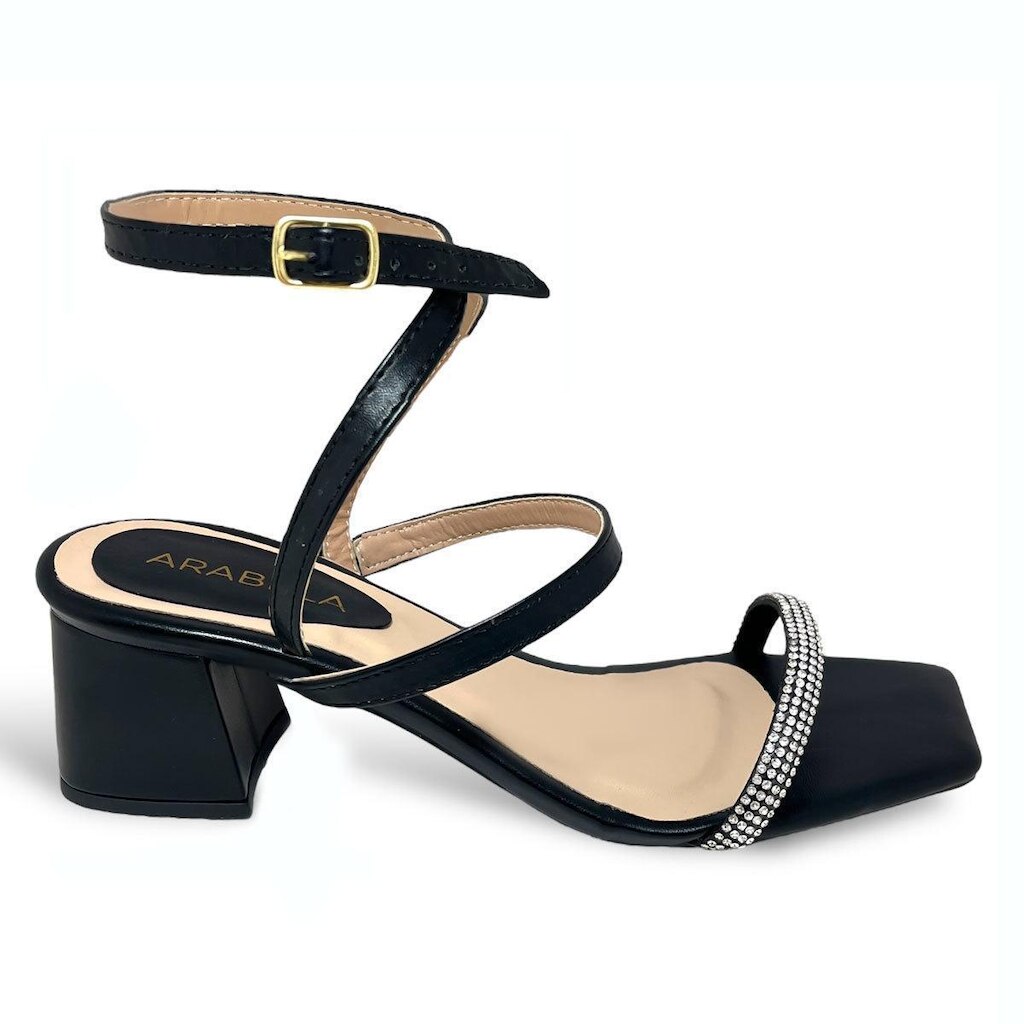 Sandália Feminina Salto Bloco Grosso Preto Strass Comfort - 38