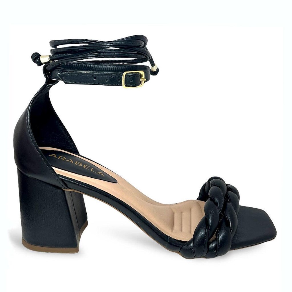 Sandália Feminina Salto Bloco Grosso Preto Trança Amarração Comfort - 36