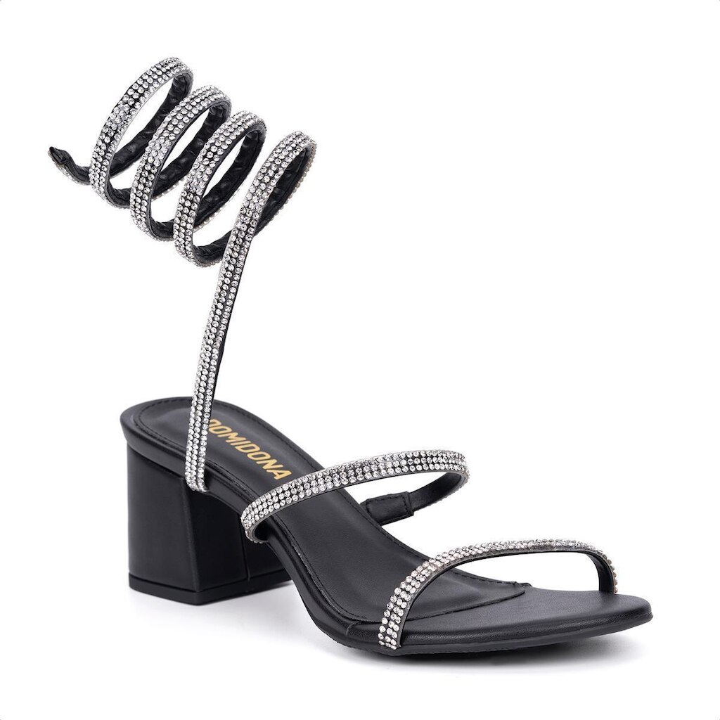 Sandália Feminina Salto Grosso Bloco Espiral Com Strass Moda