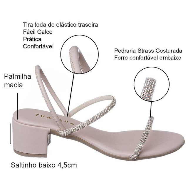 Sandália Feminina Salto Grosso Médio Strass Pedraria Brilho