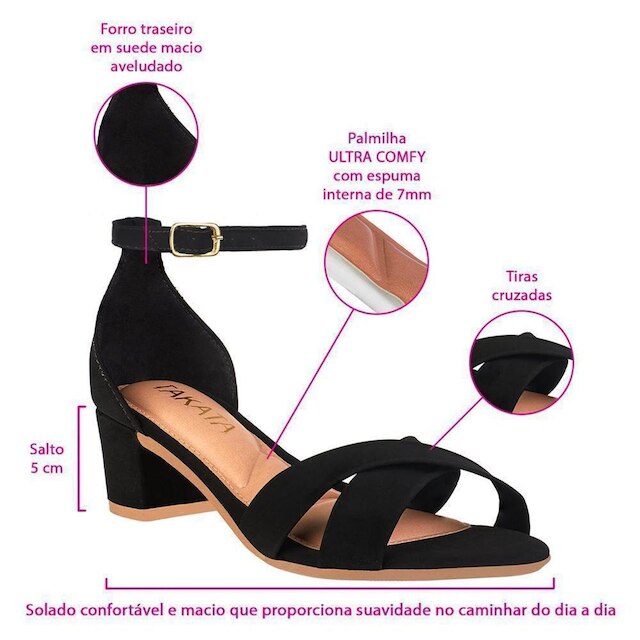 Sandalia Feminina Tiras Cruzadas Nobuck Salto Bloco Grosso Quadrado Baixo Preto