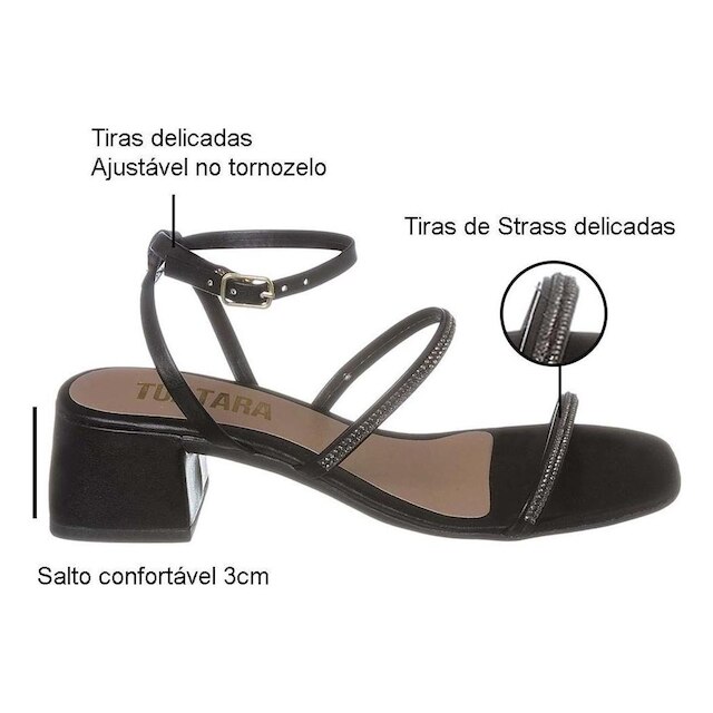 Sandália Feminina Tiras Pedrinha Salto Grosso Baixo Quadrado