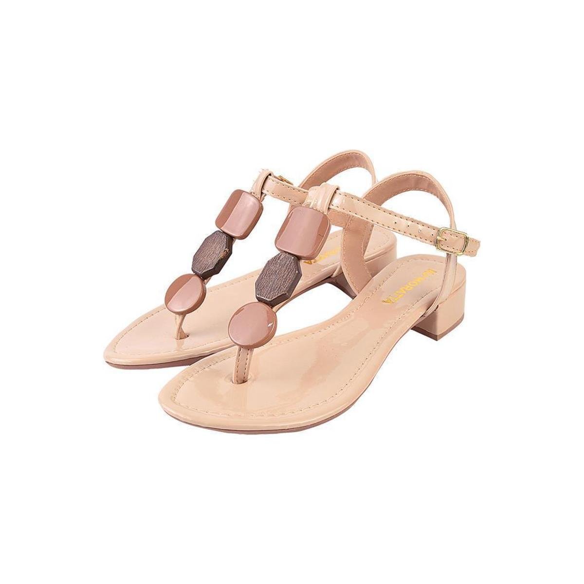 Sandália Feminina Verniz Bico Redondo Fivela Pedra Casual - Bege Menor preço em Sandália Feminina Verniz Bico Redondo Fivela Pedra Casual - Bege