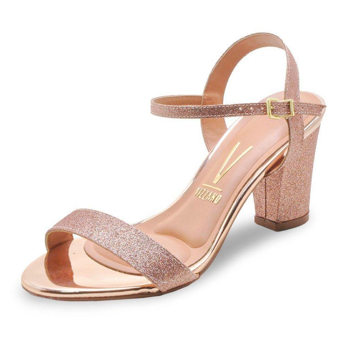 Sandalia Feminina Vizzano Salto Grosso Ouro Rose Glitter Zattini