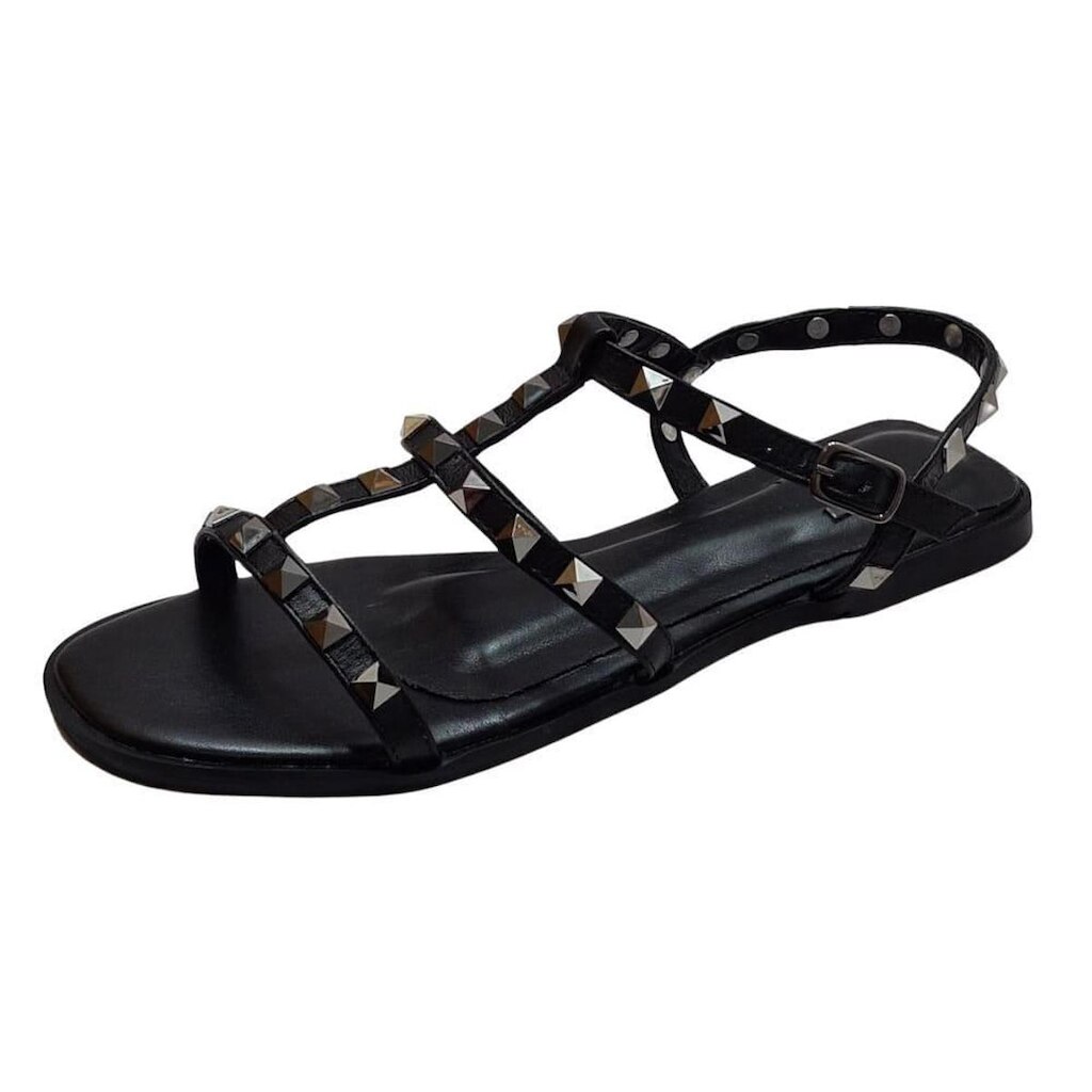 Sandália Flat Spike Couro Preto/Onix