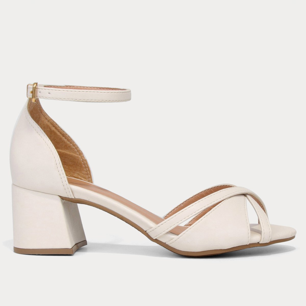Sandália Griffe Salto Grosso Médio Fivela Feminina - Off White Menor preço em Sandália Griffe Salto Grosso Médio Fivela Feminina - Off White