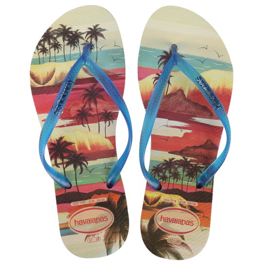 Sandália Havaianas Slim Paisage Feminina - Bege+Azul