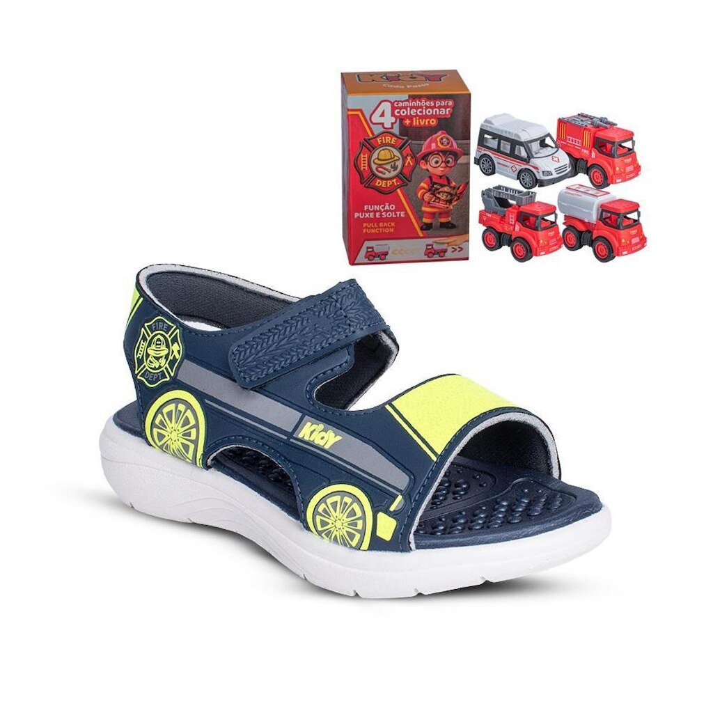 Sandália Infantil Menino Kidy Fly Baby Marinho Grafite e Amarelo Neon com Carrinho