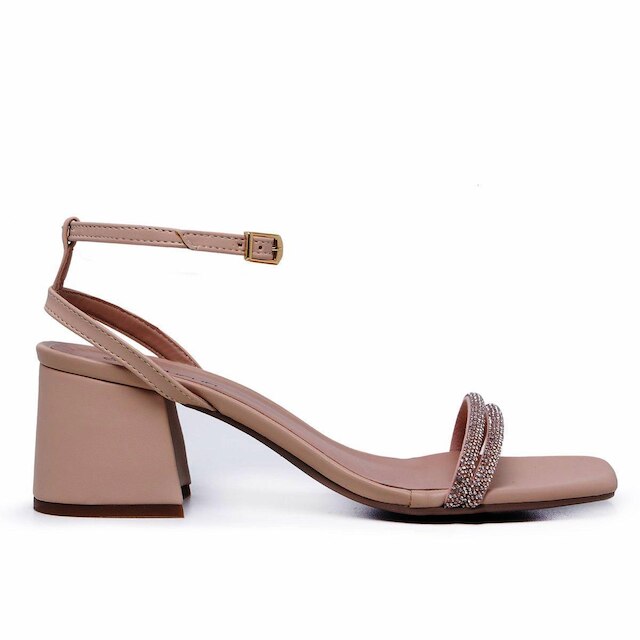 Sandalia Leruchel Bico Quadrado Salto Grosso Strass Nude Rosado