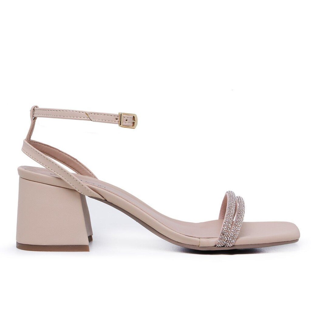 Sandalia Leruchel Bico Quadrado Salto Grosso Strass Nude