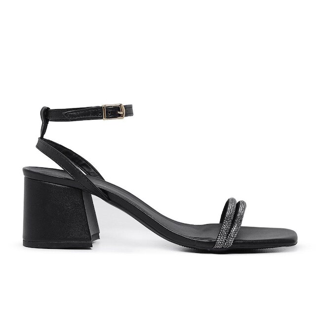 Sandalia Leruchel Bico Quadrado Salto Grosso Strass Preto