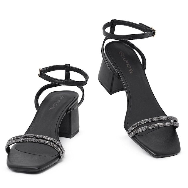 Sandalia Leruchel Bico Quadrado Salto Grosso Strass Preto