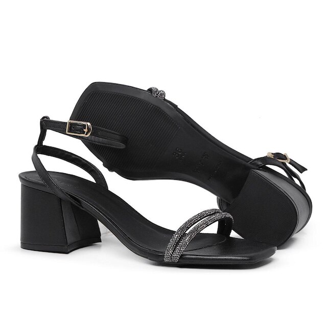 Sandalia Leruchel Bico Quadrado Salto Grosso Strass Preto