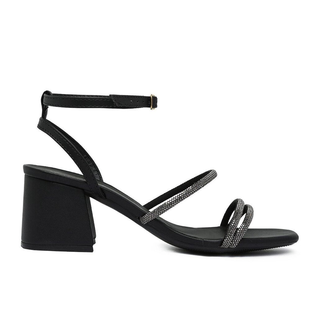 Sandalia Leruchel Bico Quadrado Salto Grosso Strass Preto