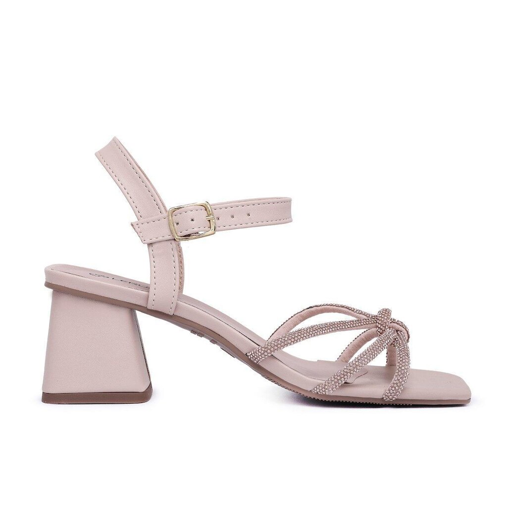 Sandalia Leruchel Strass Bico Quadrado Salto Grosso Nude