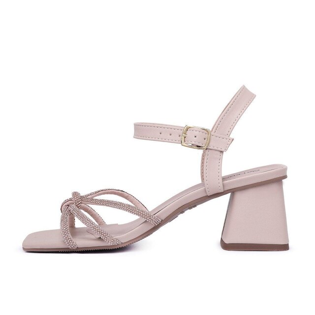 Sandalia Leruchel Strass Bico Quadrado Salto Grosso Nude