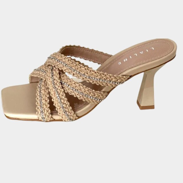Sandália Lia Line Salto Nude com Strass Feminina