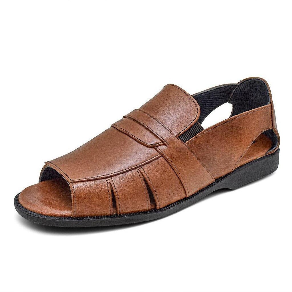 Sandalia Masculina Couro Conhaque Conforto Ortopedica