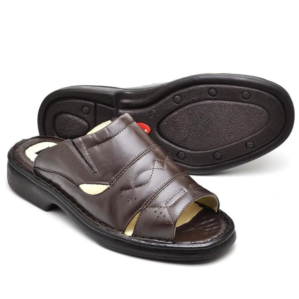 Sandália Masculina De Couro Ortopédica Chinelo Premium Traseira Aberta Confort Premium