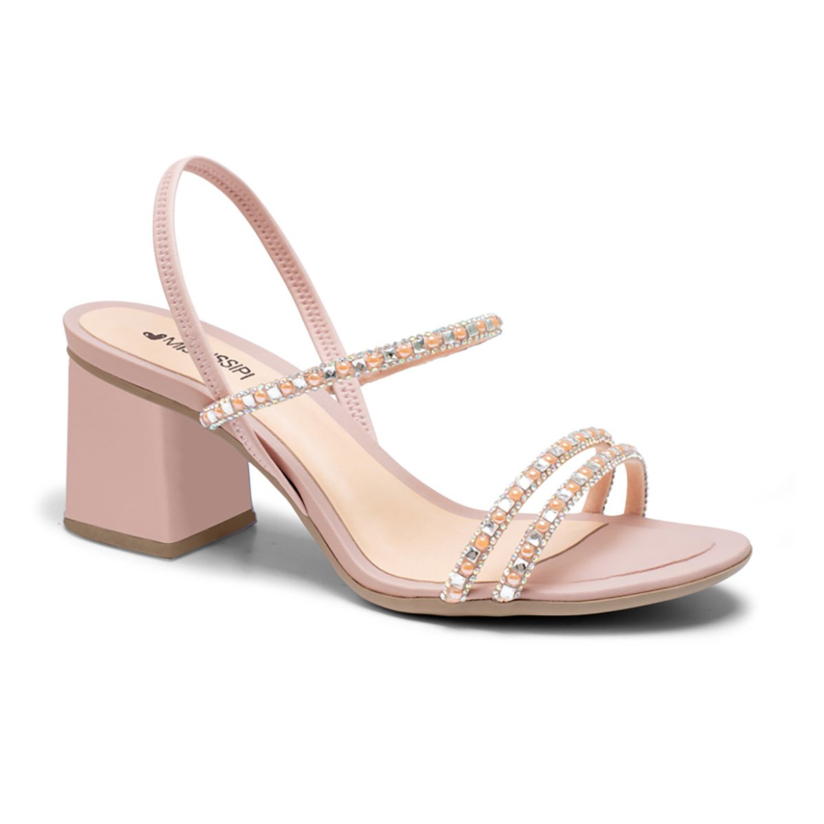 Sandália Mississipi Salto Quadrado Strass Feminina - Nude Menor preço em Sandália Mississipi Salto Quadrado Strass Feminina - Nude
