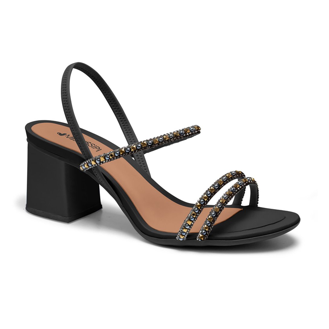 Sandália Mississipi Salto Quadrado Strass Feminina - Preto | Zattini