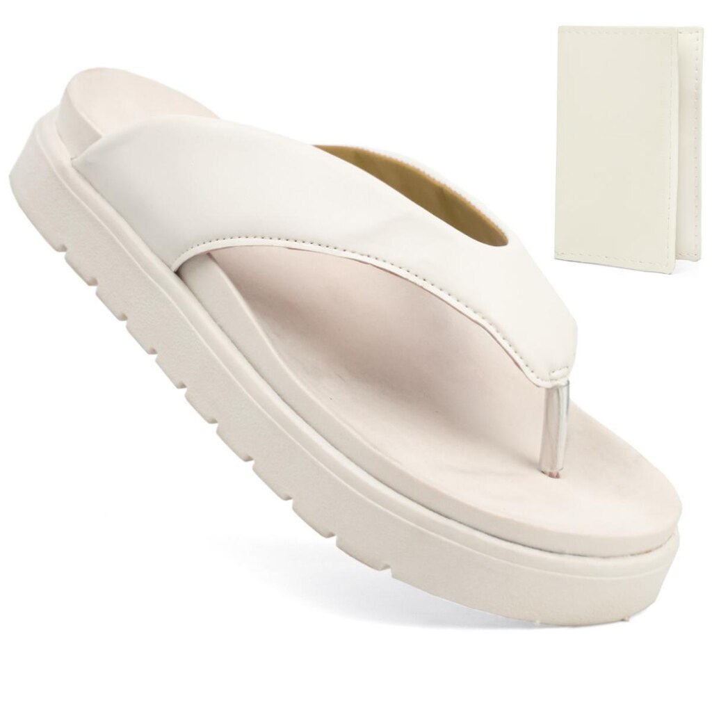Sandália Papete Feminina Asa Delta Branca Chinelo De Dedo Flat Moda Confortável + Porta Cartão