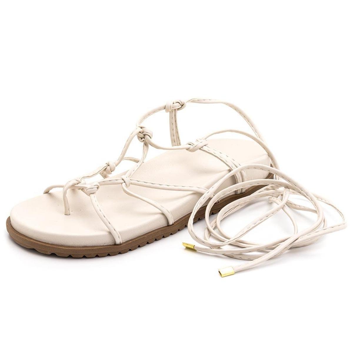 Sandália Papete Feminina Couro Casual Amarração Tiras Finas Solado Flat Médio - Off White Menor preço em Sandália Papete Feminina Couro Casual Amarração Tiras Finas Solado Flat Médio - Off White