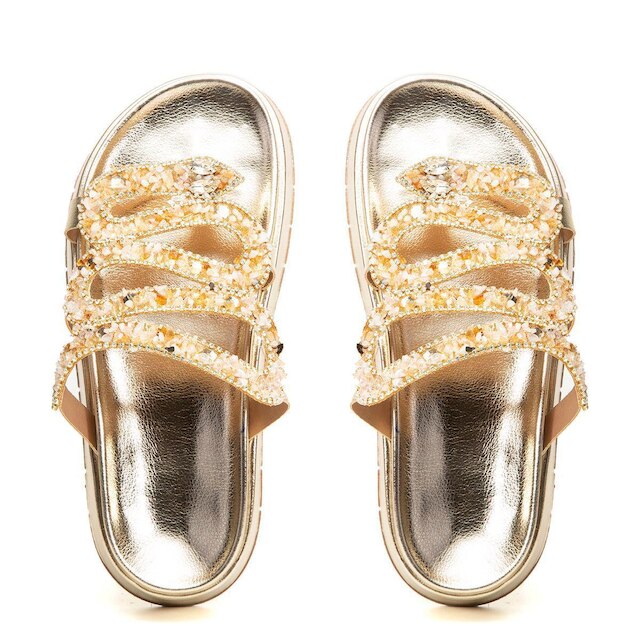 Sandalia Papete Feminina Lancamento Cobra Flatform Pedraria Dourada
