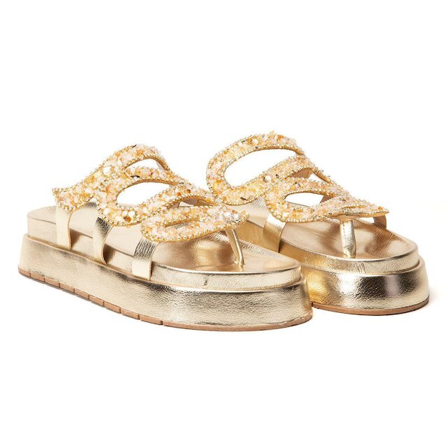 Sandalia Papete Feminina Lancamento Cobra Flatform Pedraria Dourada