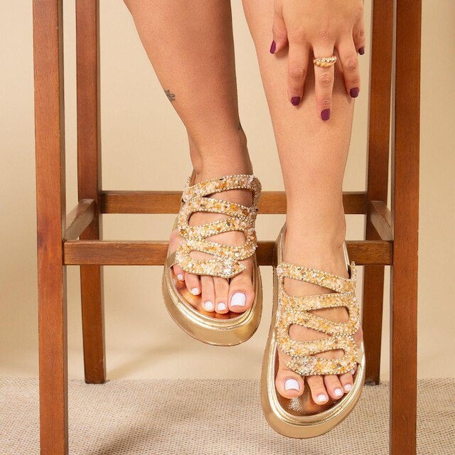 Sandalia Papete Feminina Lancamento Cobra Flatform Pedraria Dourada