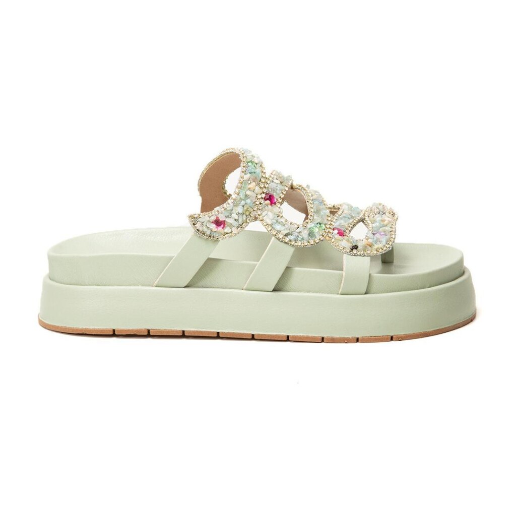 Sandalia Papete Feminina Lancamento Cobra Flatform Pedraria Verde Agua