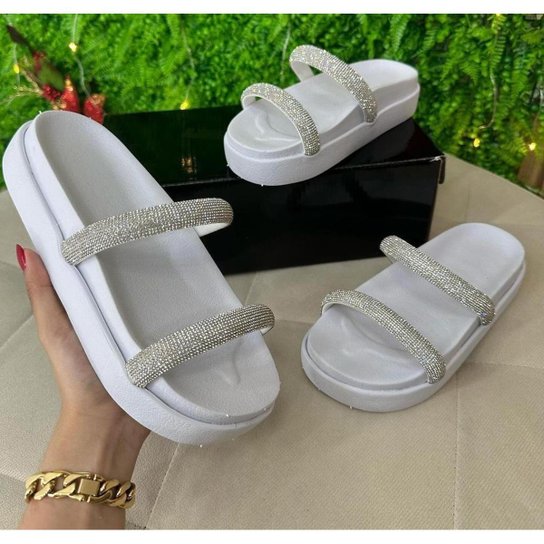 Sandália Papete Feminina Sola Alta Strass Brilho Modelo Tiras