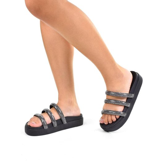 Sandália Papete Feminina Sola Alta Strass Brilho Modelo Tiras