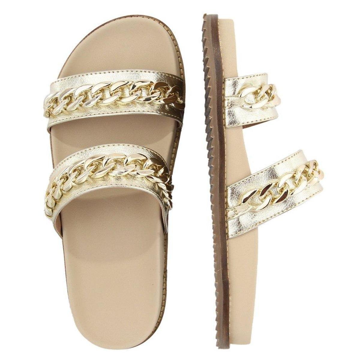 Sandália Papete Feminino Detalhe Corrente - Ouro Menor preço em Sandália Papete Feminino Detalhe Corrente - Ouro