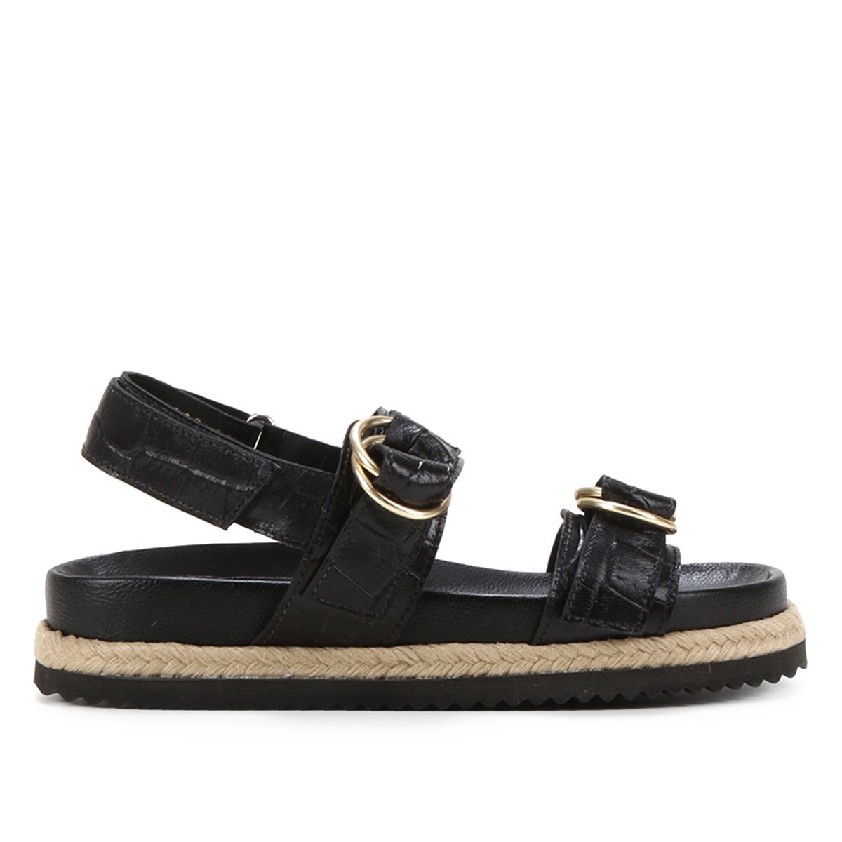 Sandália Papete Shoestock Couro Tira Dupla Croco Feminina - Preto | Zattini
