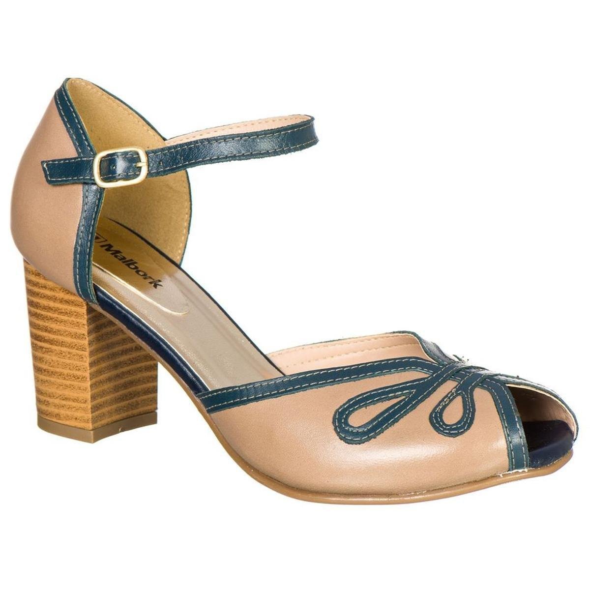 Sandália Peep Toe Retro Malbork em Couro Salto 7cm - Bege Menor preço em Sandália Peep Toe Retro Malbork em Couro Salto 7cm - Bege