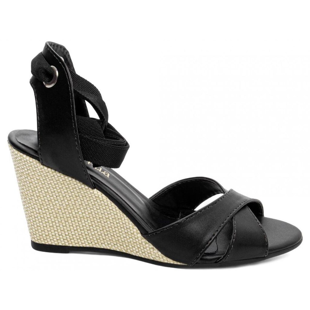 Sandália Plataforma Anabela Salto Médio Alto Cunha 7 cm Preto