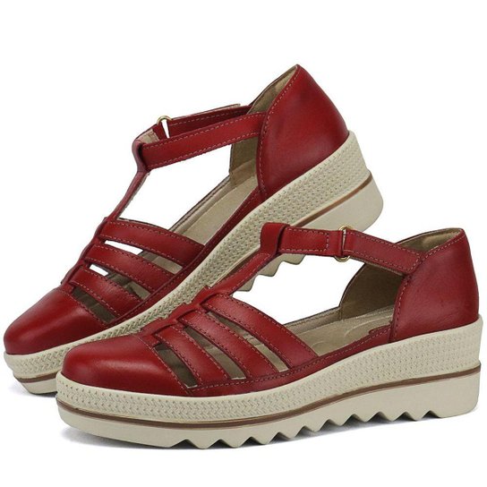 Sandália Plataforma em Couro SapatoFran com Velcro Feminina - Vermelho