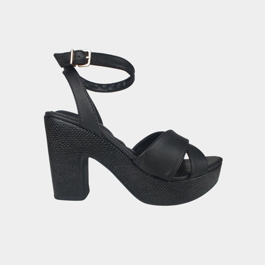 Sandália Plataforma Piura Preto e Jeans Salto Alto Meia Pata