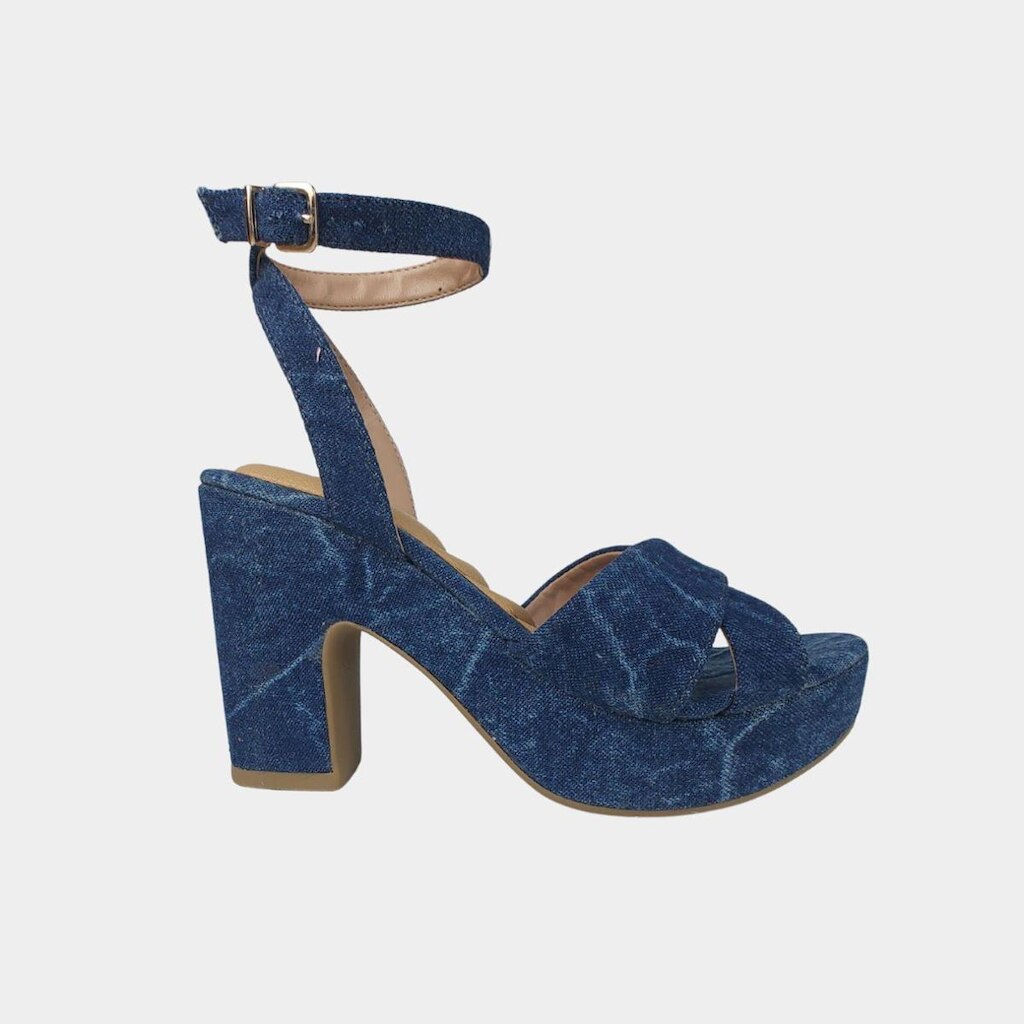 Sandália Plataforma Piura Preto e Jeans Salto Alto Meia Pata