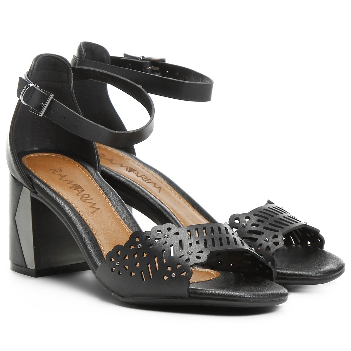 sandália ramarim salto grosso vazada laser preta