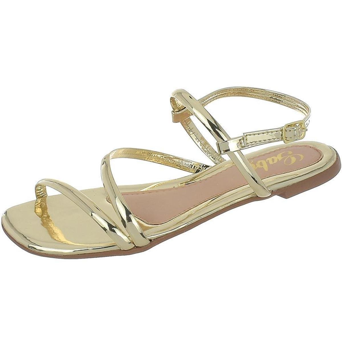 Sandália Rasteira Bico Quadrado 3 Tiras Abauladas - Ouro Menor preço em Sandália Rasteira Bico Quadrado 3 Tiras Abauladas - Ouro