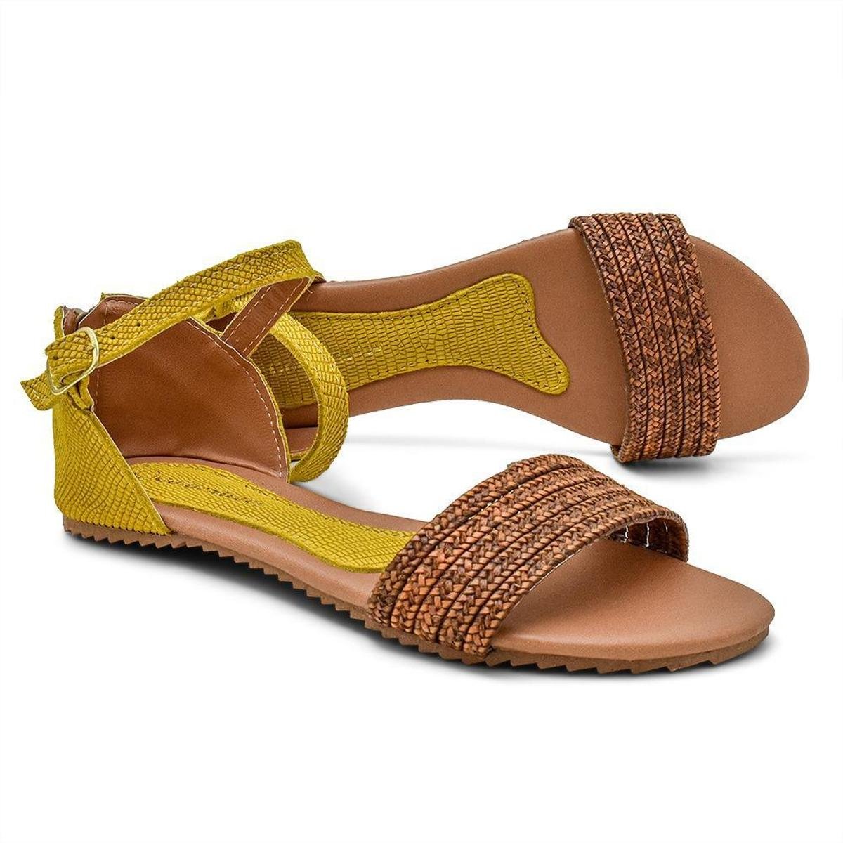 Sandália Rasteira Couro Leve Confortável Feminina - Amarelo Menor preço em Sandália Rasteira Couro Leve Confortável Feminina - Amarelo