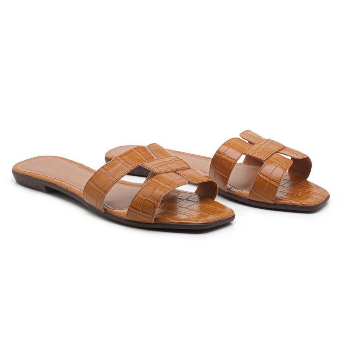 Sandália Rasteira Croco Feminina Textura Conforto Casual - Laranja Menor preço em Sandália Rasteira Croco Feminina Textura Conforto Casual - Laranja