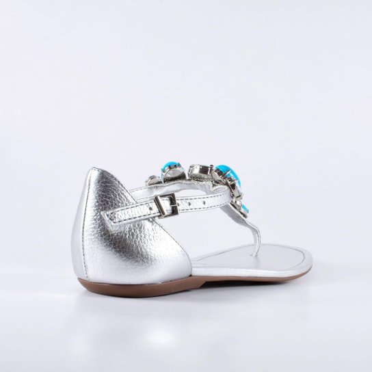 Sandália Rasteira em Couro Prata Com Pedrarias Loucos e Santos