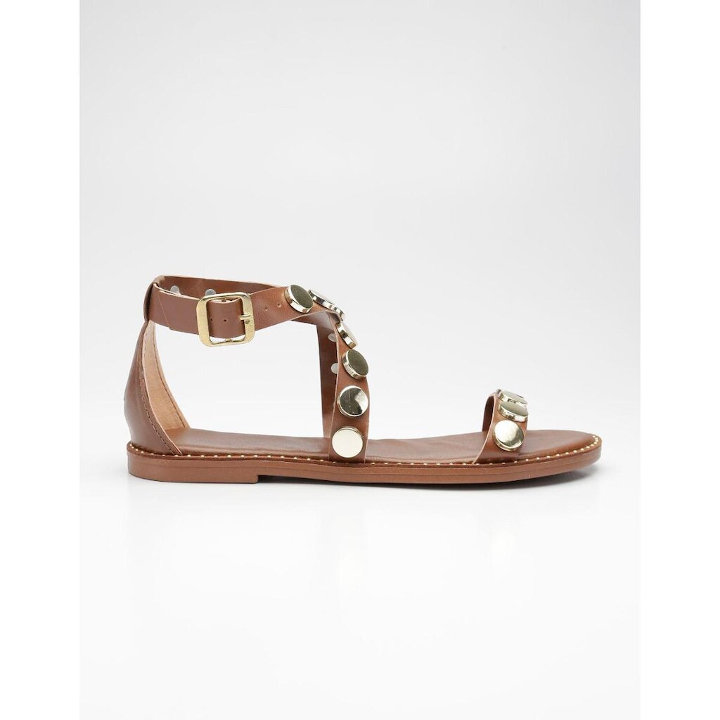 Sandalia Rasteira Feminina Maxi Aplique Metal Botao Moeda Fivela Caramelo