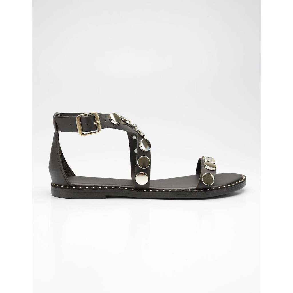 Sandalia Rasteira Feminina Maxi Aplique Metal Botao Moeda Fivela Preto